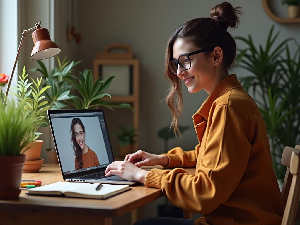 Woman in glasses working on laptop with image editing software, surrounded by plants and a lamp.