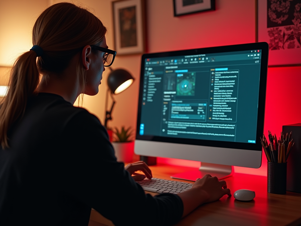 Woman coding on a computer in a dimly lit room with a red backlight.