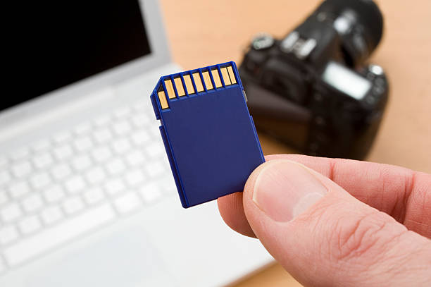 Guide showing the process of transferring photos from a tablet to an SD card.