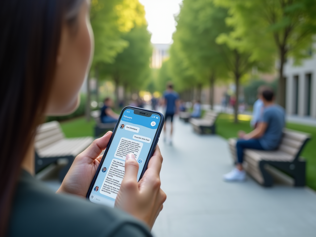 Woman reading messages on her smartphone in a park with people sitting on benches.