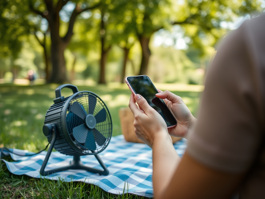 A person sits on a blanket in the park, using a smartphone beside a small fan on the grass.