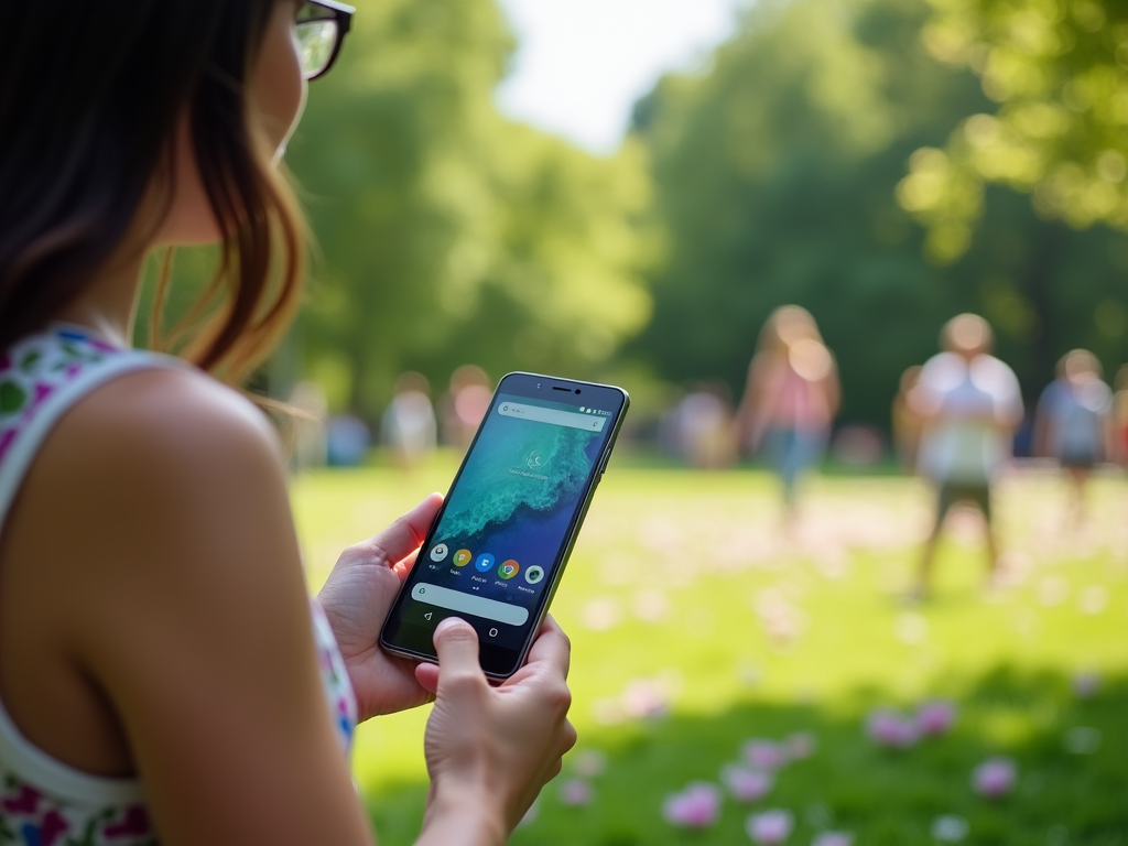 Woman using a smartphone in a sunny park with blurred people in the background.