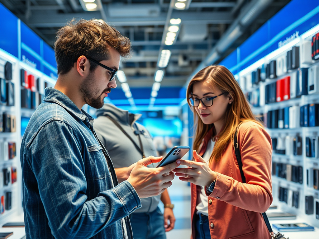 A young man and woman examine a smartphone in a modern electronics store with various phone cases displayed.