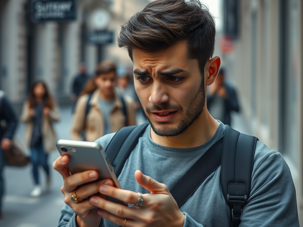 A worried young man stands in a busy street, intently looking at his phone, with passersby in the background.