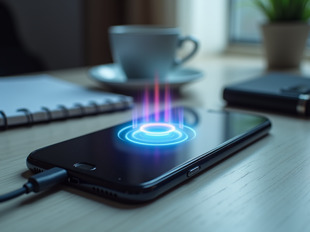 Smartphone on a desk emitting holographic waves, next to a coffee cup and a notebook.