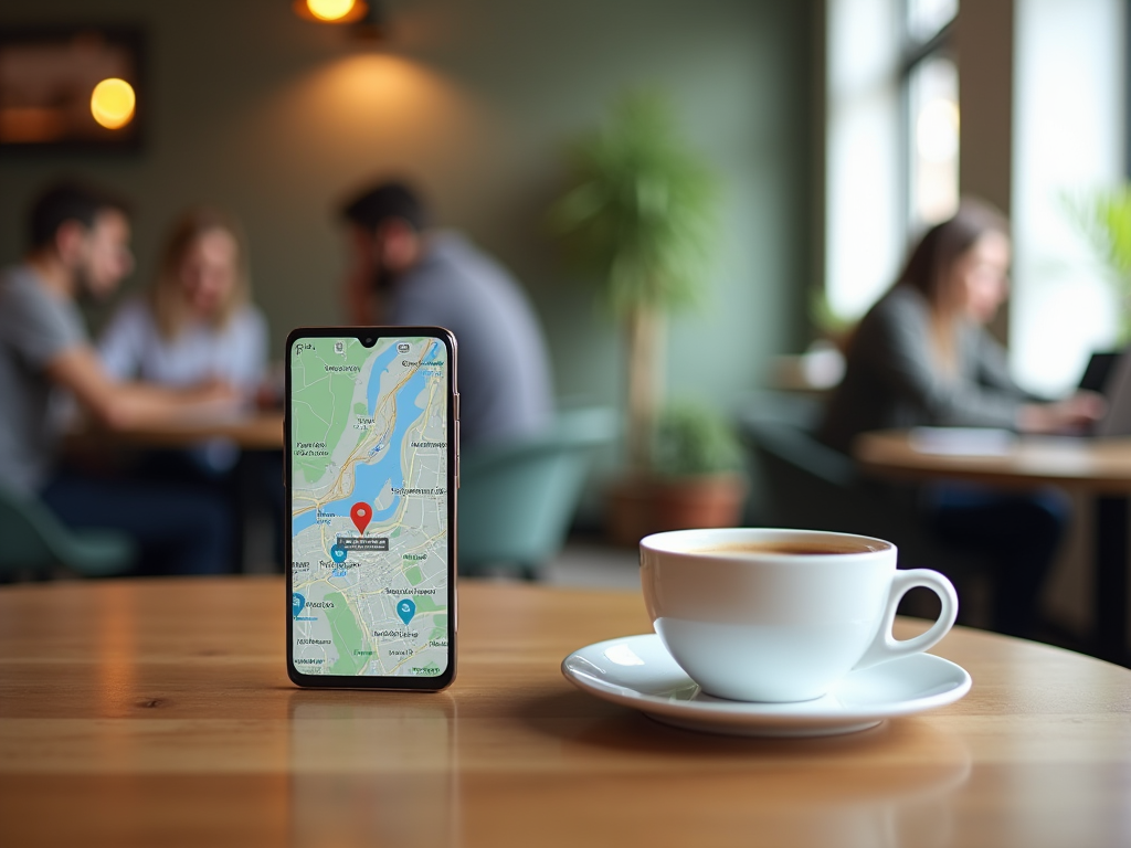 Smartphone with map app on screen beside a coffee cup, in a blurred cafe setting with people in the background.