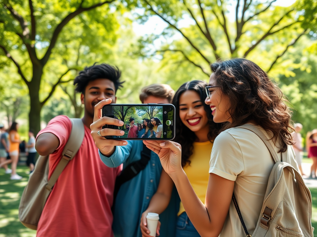 Four friends taking a selfie in a sunny park, surrounded by trees, smiling and enjoying their time together.