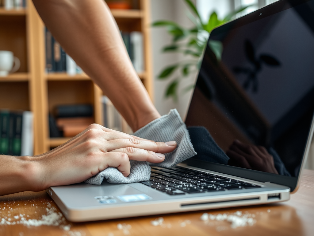 A person wipes a laptop screen with a cloth, sitting at a wooden table surrounded by books and a plant.