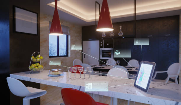 Modern kitchen with smart appliances connected to a digital tablet, showcasing innovative technology.