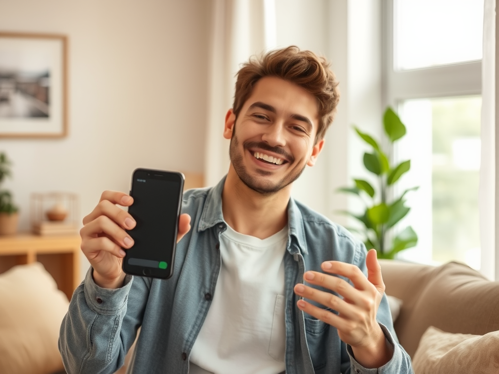 A smiling young man holds a phone in one hand, gesturing excitedly in a bright, cozy living room.