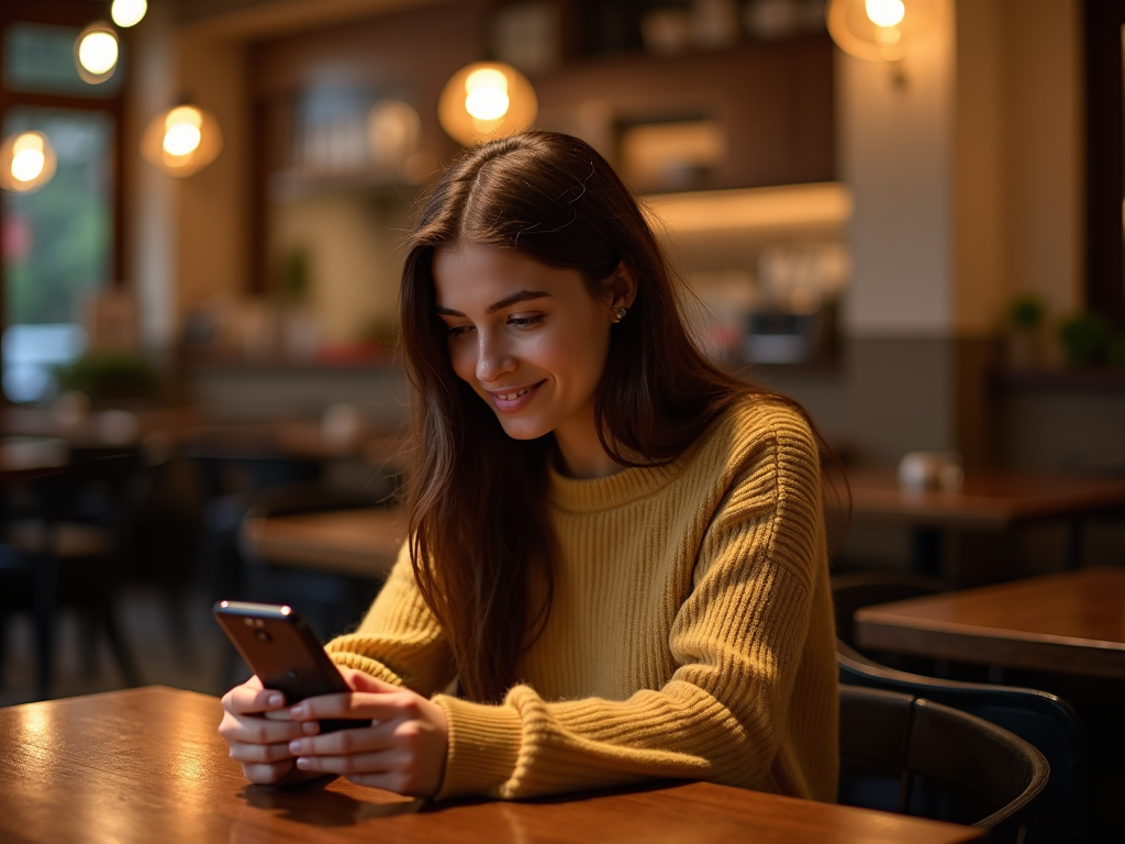 Woman in yellow sweater smiling at her phone in a cozy café with warm lighting.