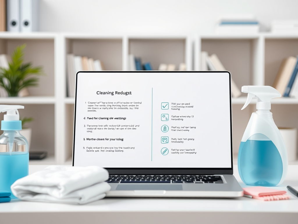 A laptop displays cleaning guidelines, alongside cleaning supplies and a towel on a desk in a bright workspace.