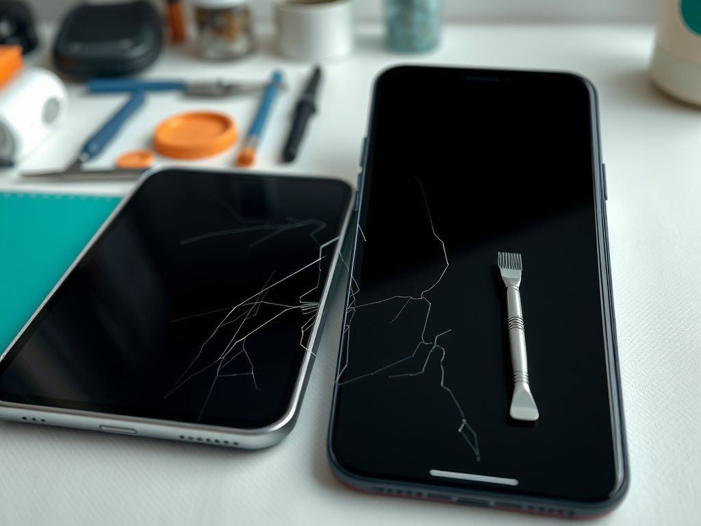 Two smartphones with cracked screens on a desk, alongside a small repair tool and various office supplies.