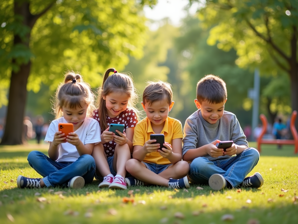 Four children sitting in a park playing on their smartphones together, enjoying a sunny day outdoors.