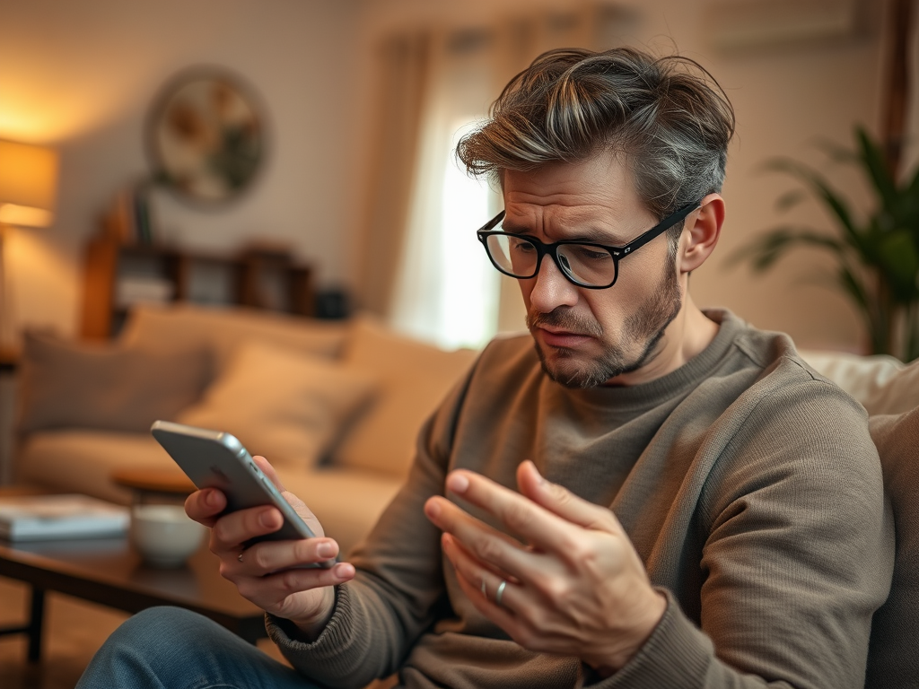 A concerned man sitting on a couch looks at his smartphone, appearing confused or troubled in a cozy living room.