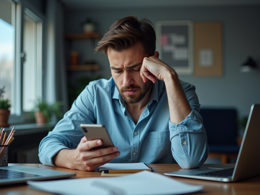 Man looking stressed while checking his phone at a desk with papers and a laptop.