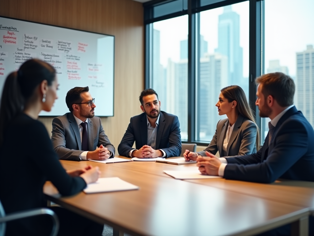 Business professionals engaging in a meeting around a table with a whiteboard and city view.