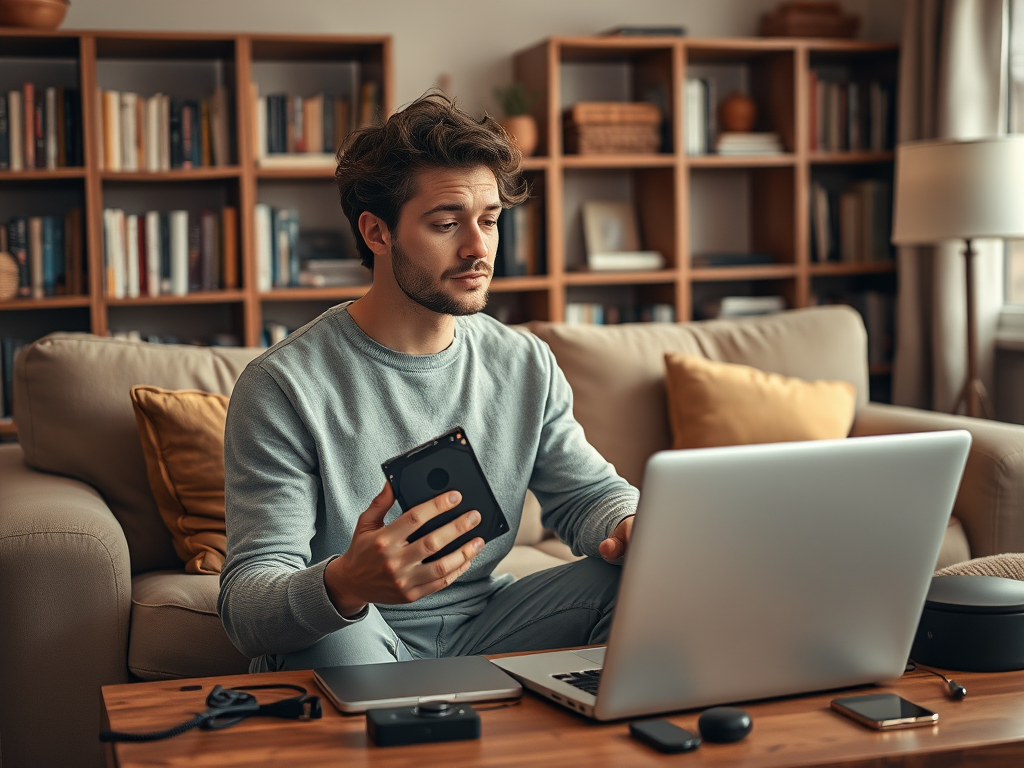 A young man sits on a couch, looking at his laptop while holding a smartphone, surrounded by bookshelves.