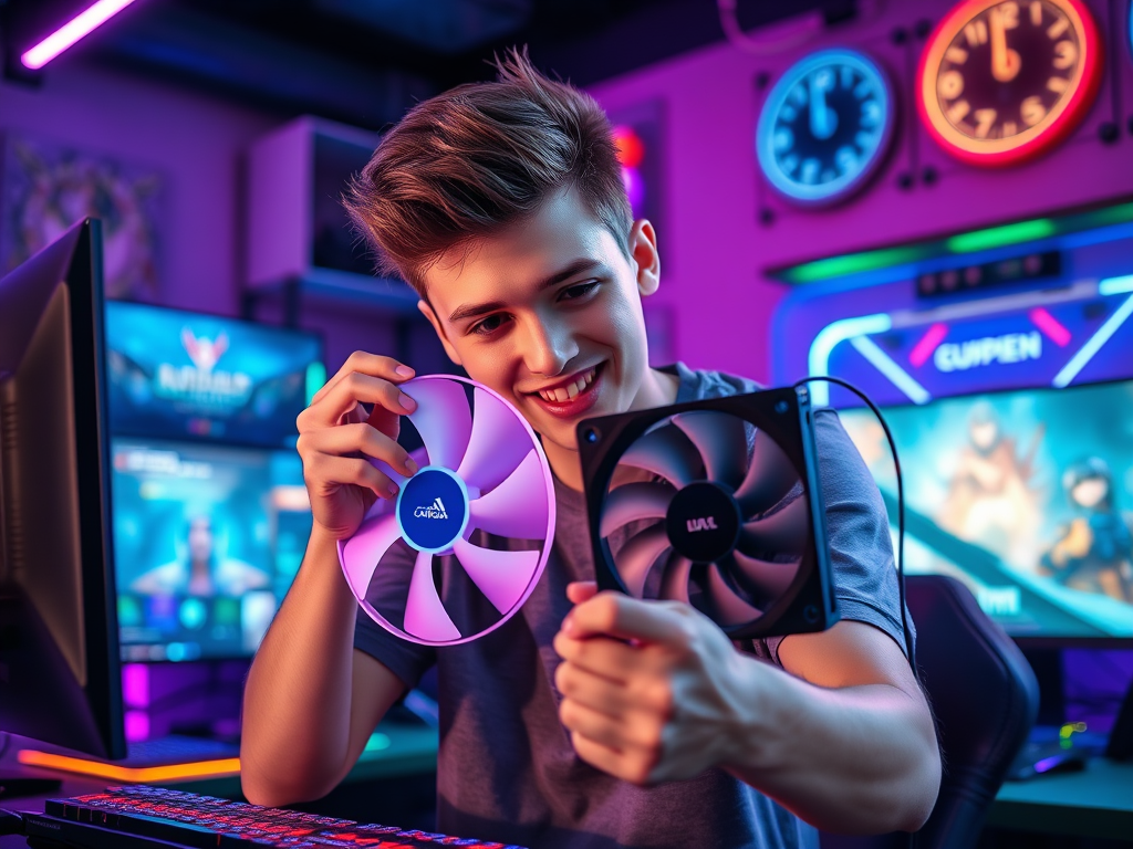 A young man smiles while holding two computer fans, surrounded by colorful gaming setup and screens.