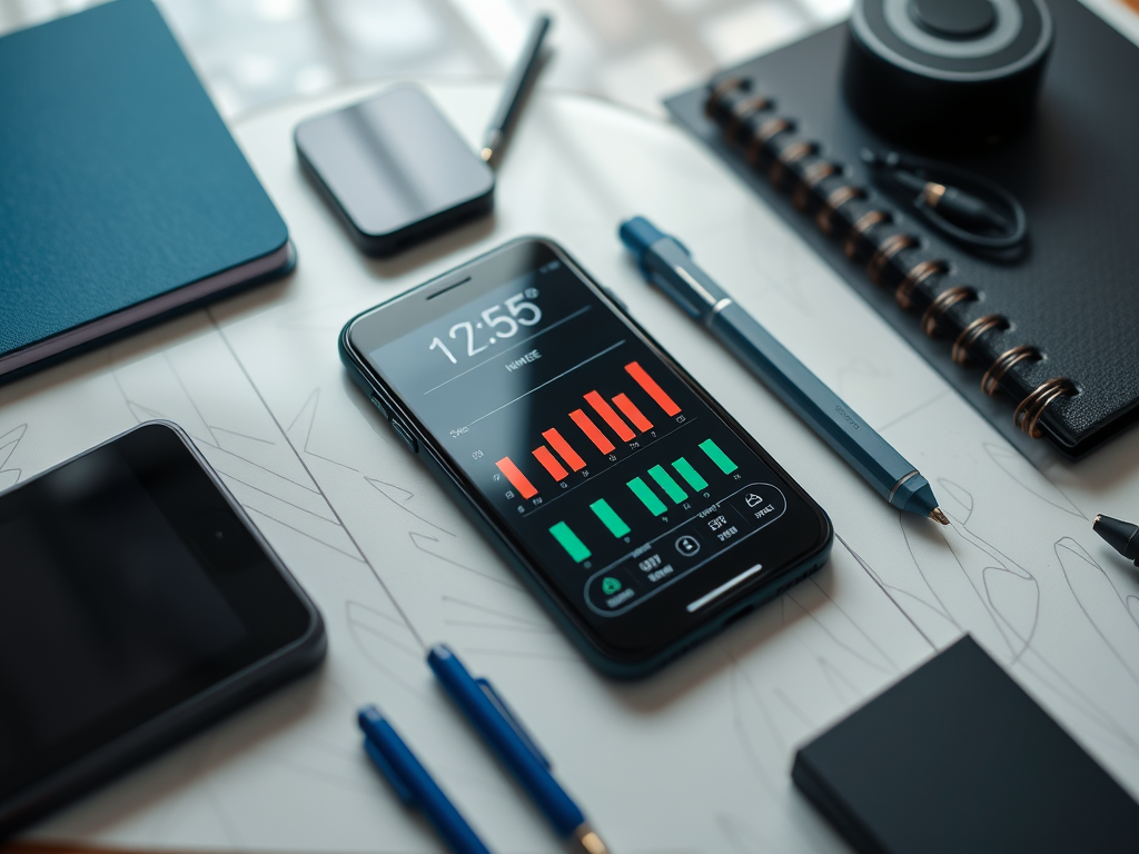 A smartphone displays a colorful graph on a desk with notebooks, pens, and a smartwatch nearby.