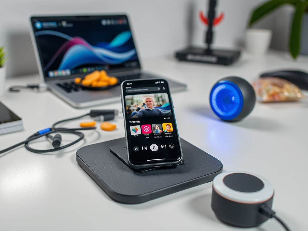 A smartphone on a charging pad displays a music app, beside a laptop, headphones, and a small speaker on a desk.