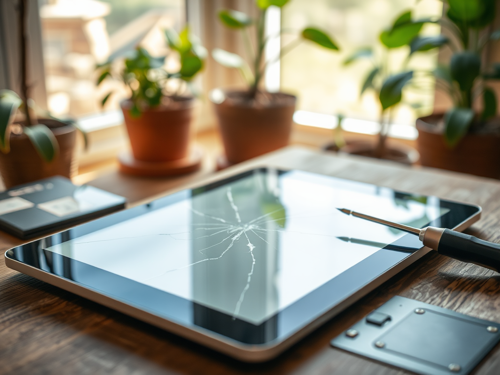 A cracked tablet sits on a wooden desk alongside a stylus and notebooks, with green plants in the background.