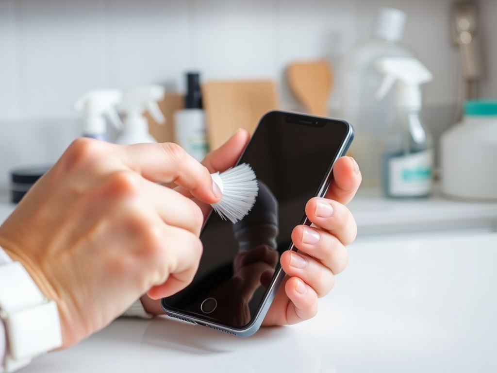 A person cleans a smartphone screen with a small brush, surrounded by cleaning products on a countertop.