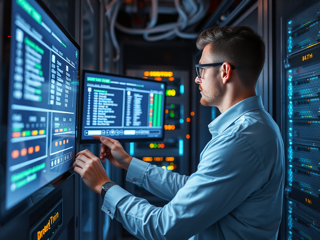 A professional interacts with digital screens in a data center, monitoring system performance and settings.