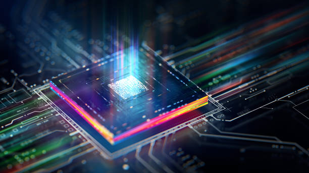 A vibrant, futuristic depiction of a processor chip, illustrating advancements in processor technology.