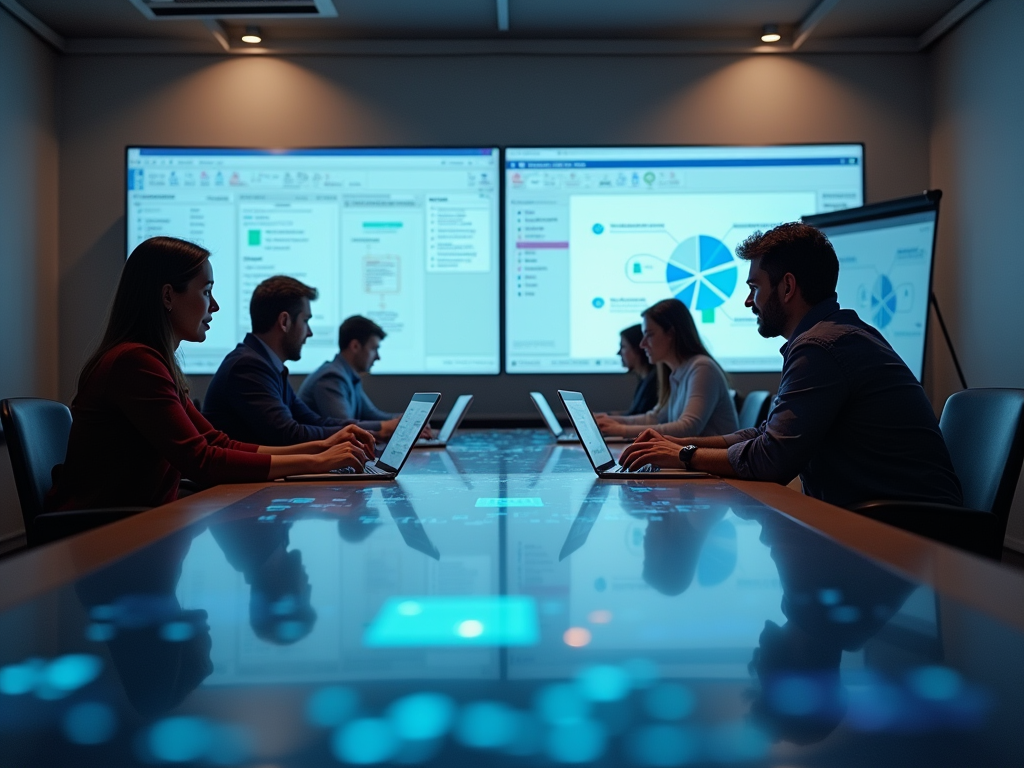 Professionals in a dimly-lit conference room, working intently on laptops with data charts projected behind.