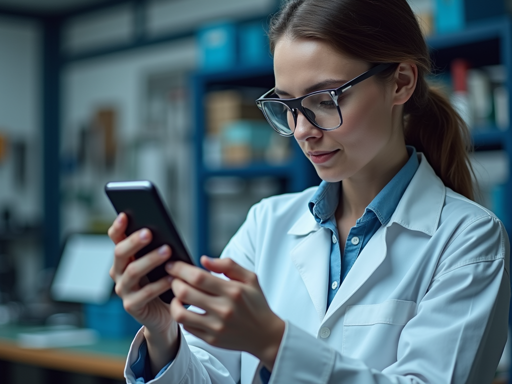 Woman in lab coat and glasses using smartphone in a laboratory setting.