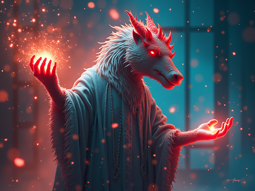 Illustration of a mystical creature resembling a wolf with radiant red eyes, manipulating glowing orbs amidst red sparkles.