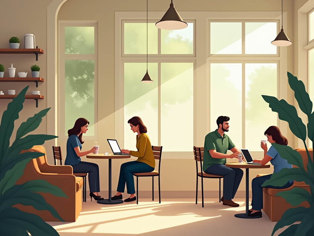 Two couples working on laptops in a sunlit cafe with large windows and green plants.