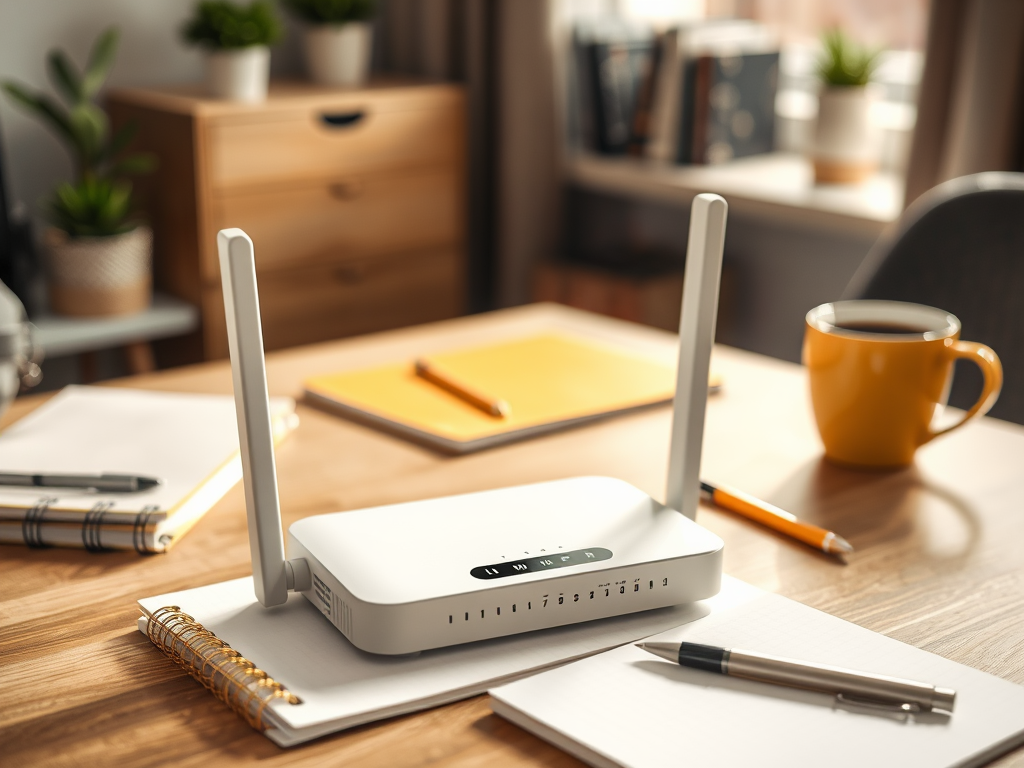 A white Wi-Fi router sits on a desk surrounded by notebooks, a coffee cup, and potted plants. Bright indoor lighting.
