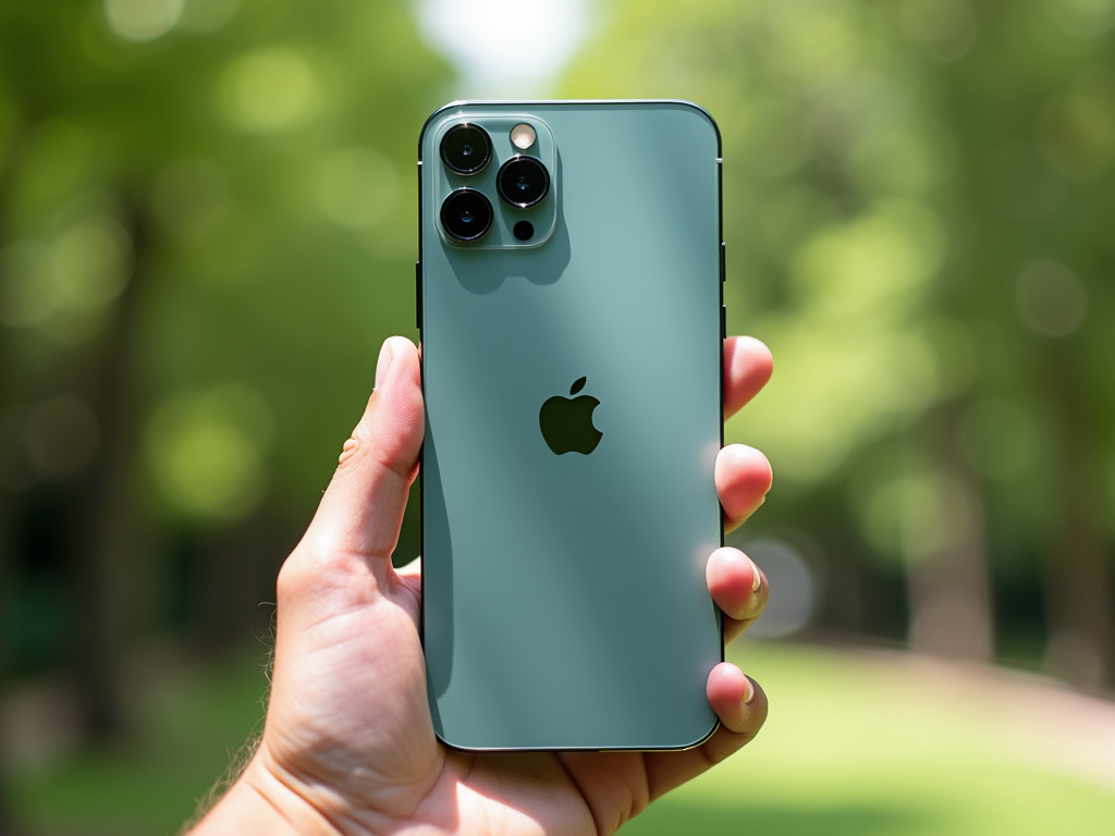 Hand holding a green smartphone with triple cameras, against a blurred green foliage background.