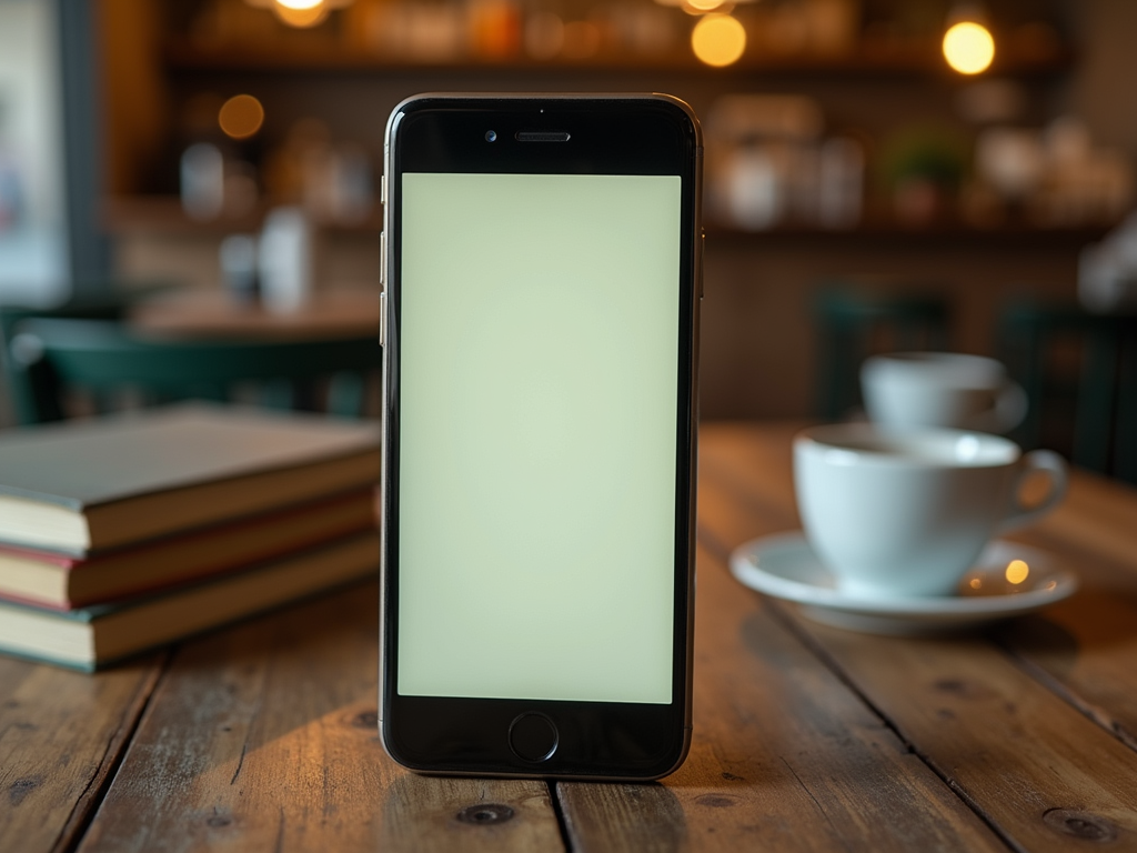 Smartphone with a blank screen on a cafe table, alongside a cup of coffee and stacked books.