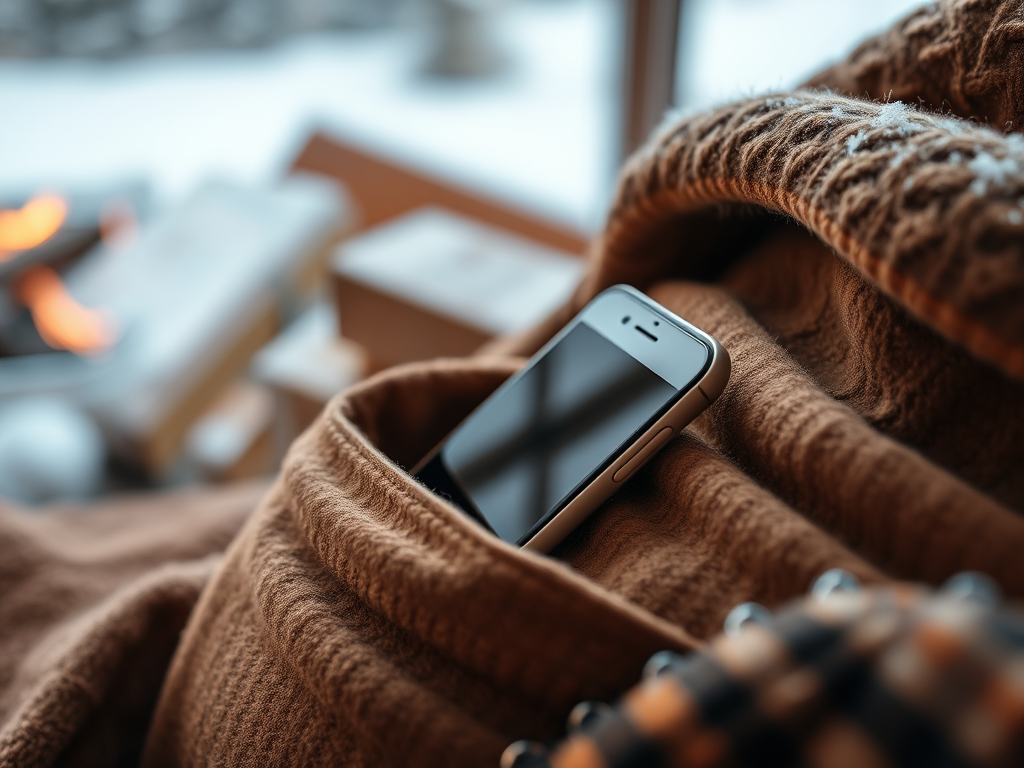 A smartphone resting in the pocket of a cozy brown blanket, with a warm fireplace visible in the background.