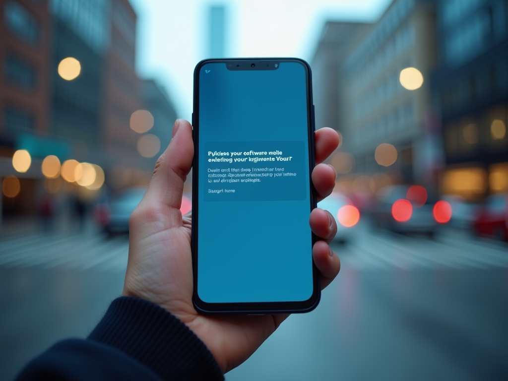 Hand holding smartphone displaying text, with blurry city street background.