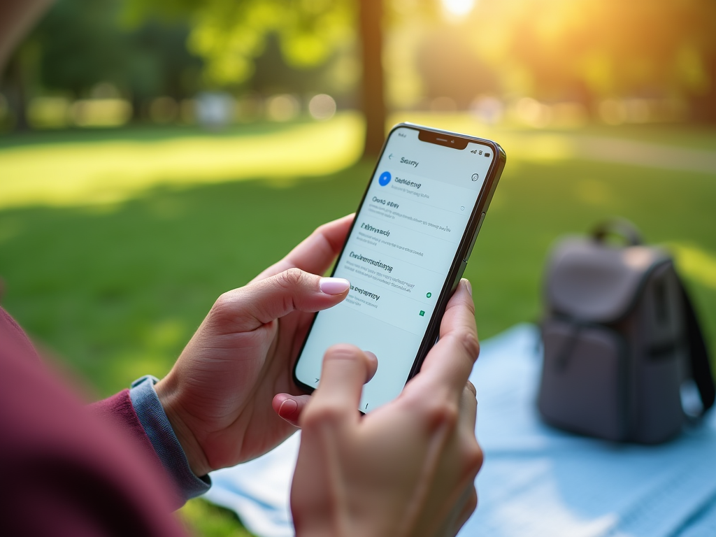 Person using a smartphone in a park with a backpack beside them, browsing through a settings menu.