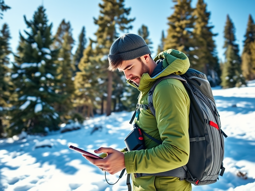 A hiker in a green jacket checks a tablet while surrounded by snow and pine trees on a sunny day.