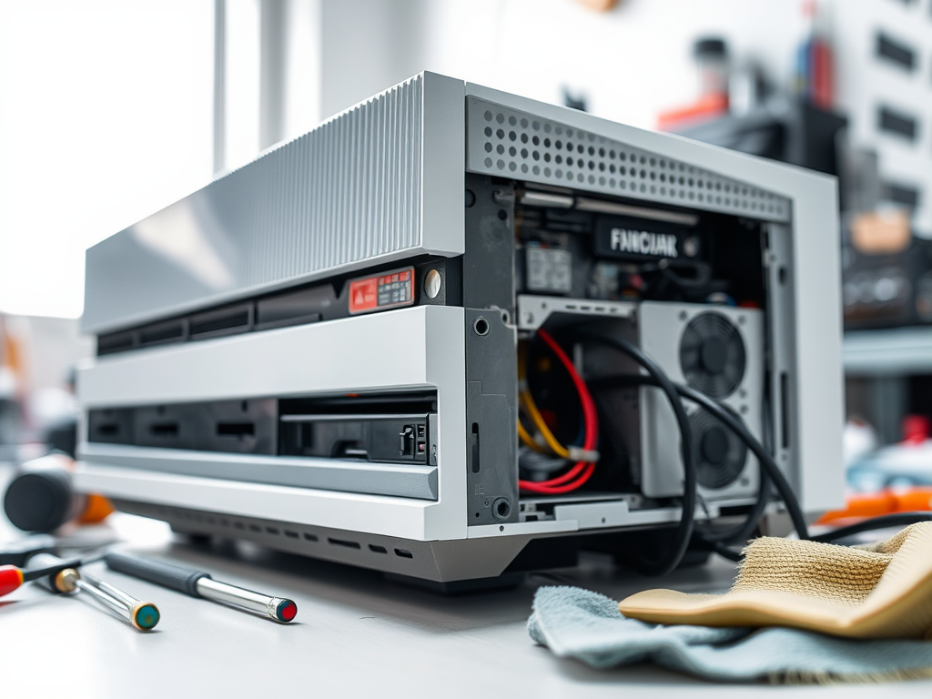 A close-up of a modern computer case showing internal components, tools, and cleaning cloth on a work surface.