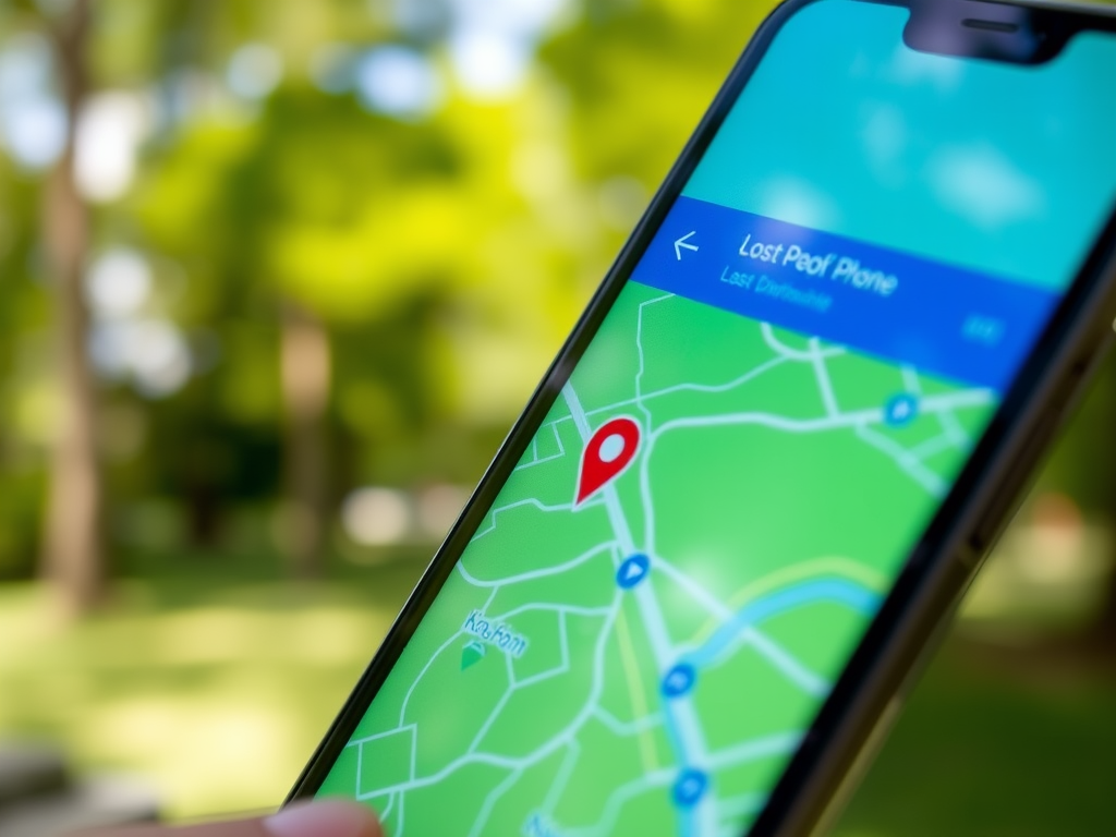 A smartphone displaying a map with a red pin marking the location of a lost phone.