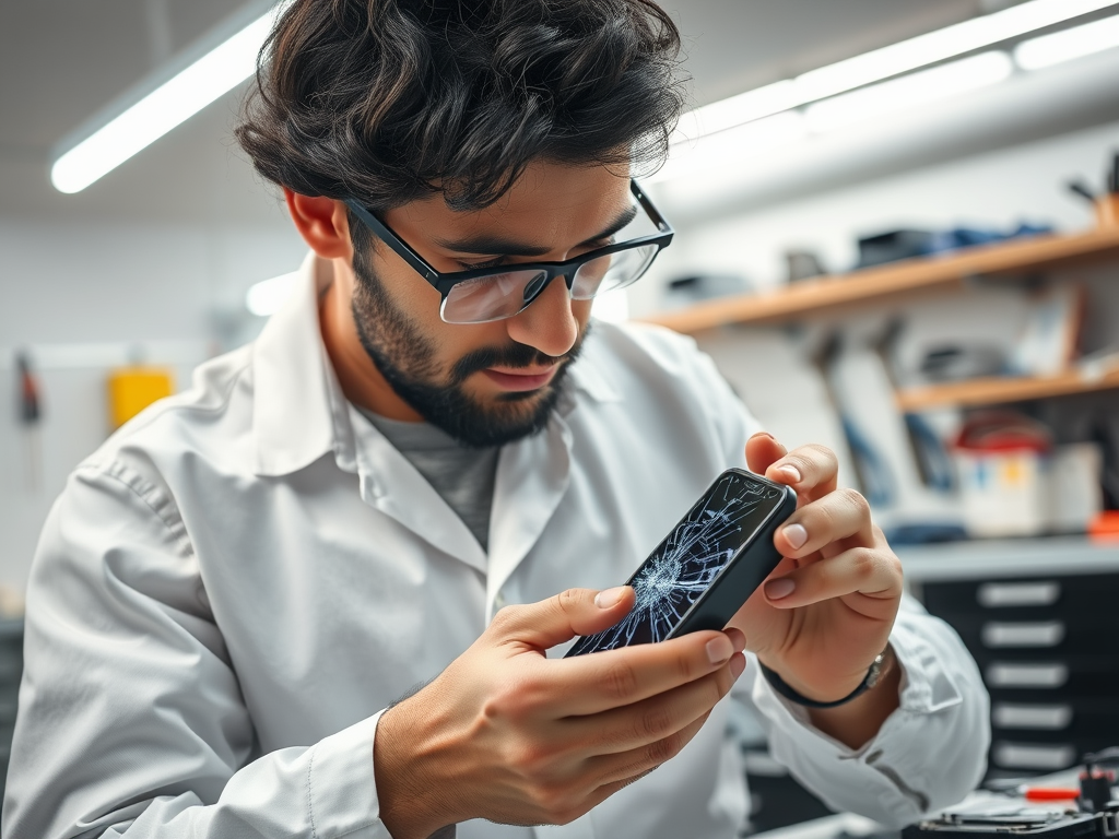 A man in a lab coat examines a broken smartphone with a cracked screen in a workshop setting.