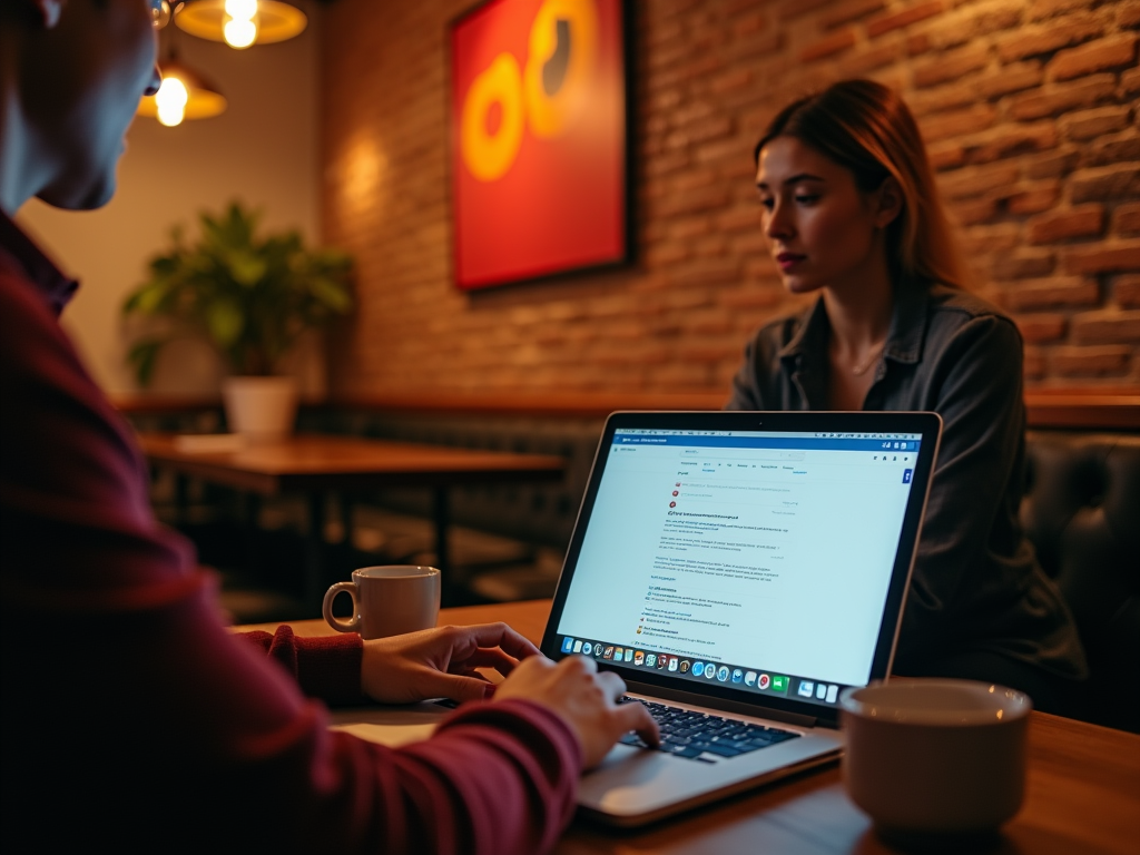 Two people using laptops in a cozy café, with warm ambient lighting.