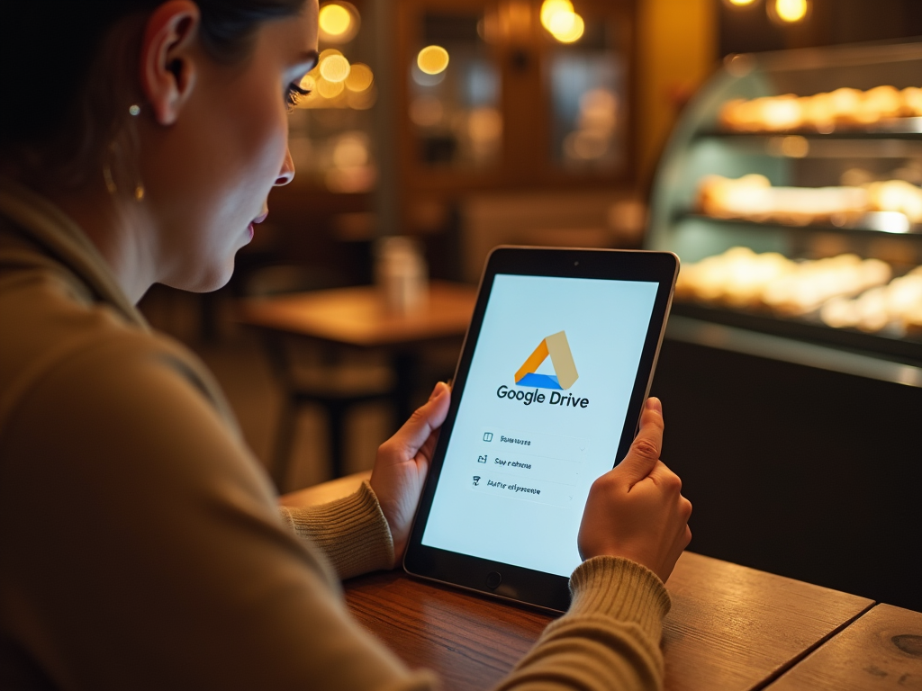 Woman using tablet showing Google Drive app in a cafe.