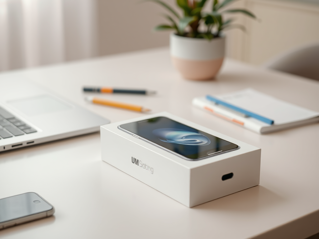 A smartphone in a white box sits on a desk next to a laptop, pens, and a notebook with a plant in the background.