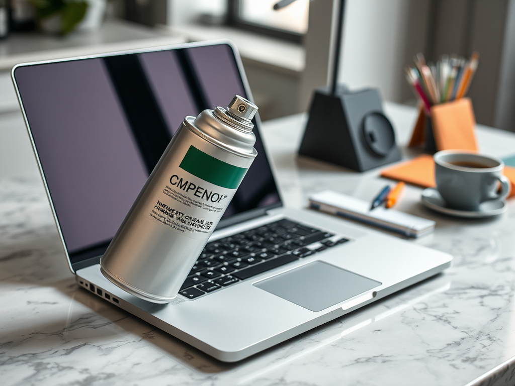 A spray can labeled "CMPENO" is placed on a laptop in a modern workspace with a cup of coffee and stationery.