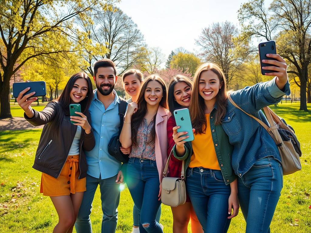 A group of six friends smiling and taking selfies in a sunny park filled with trees and bright green grass.