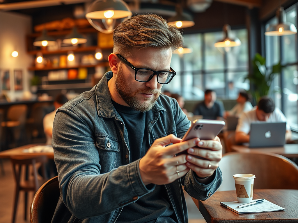 A man in glasses sits in a cafe, focused on his phone, with coffee and a notebook on the table.