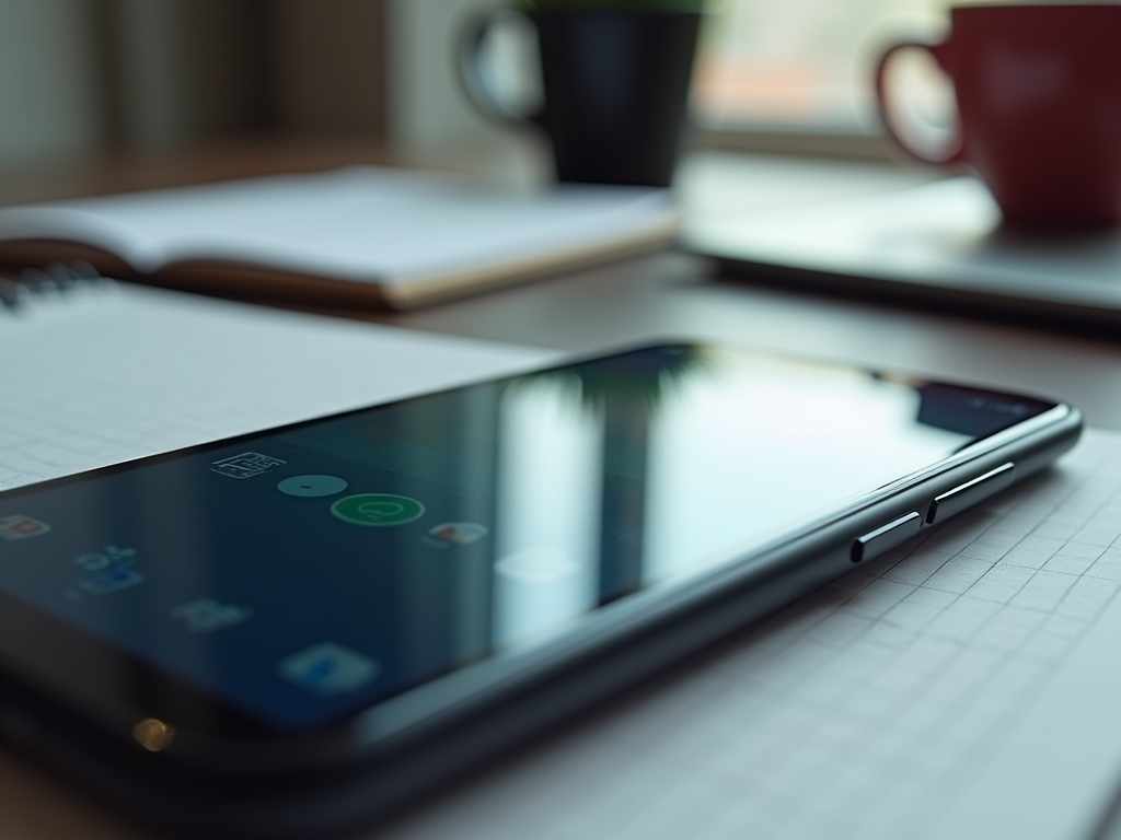 Smartphone on a desk with notebook and coffee cups in the background, focus on screen apps.